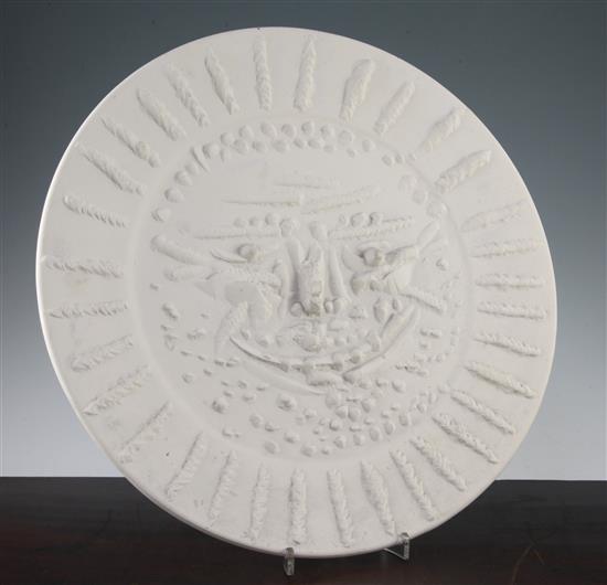 Pablo Picasso. A large Madoura biscuit pottery Visage Tourmente dish, c.1956, 42.5cm